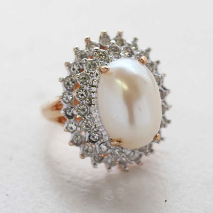 Vintage Faux Pearl and Clear Austrian Crystal Cocktail Ring in 18kt Gold Electroplate jewelry image 1
