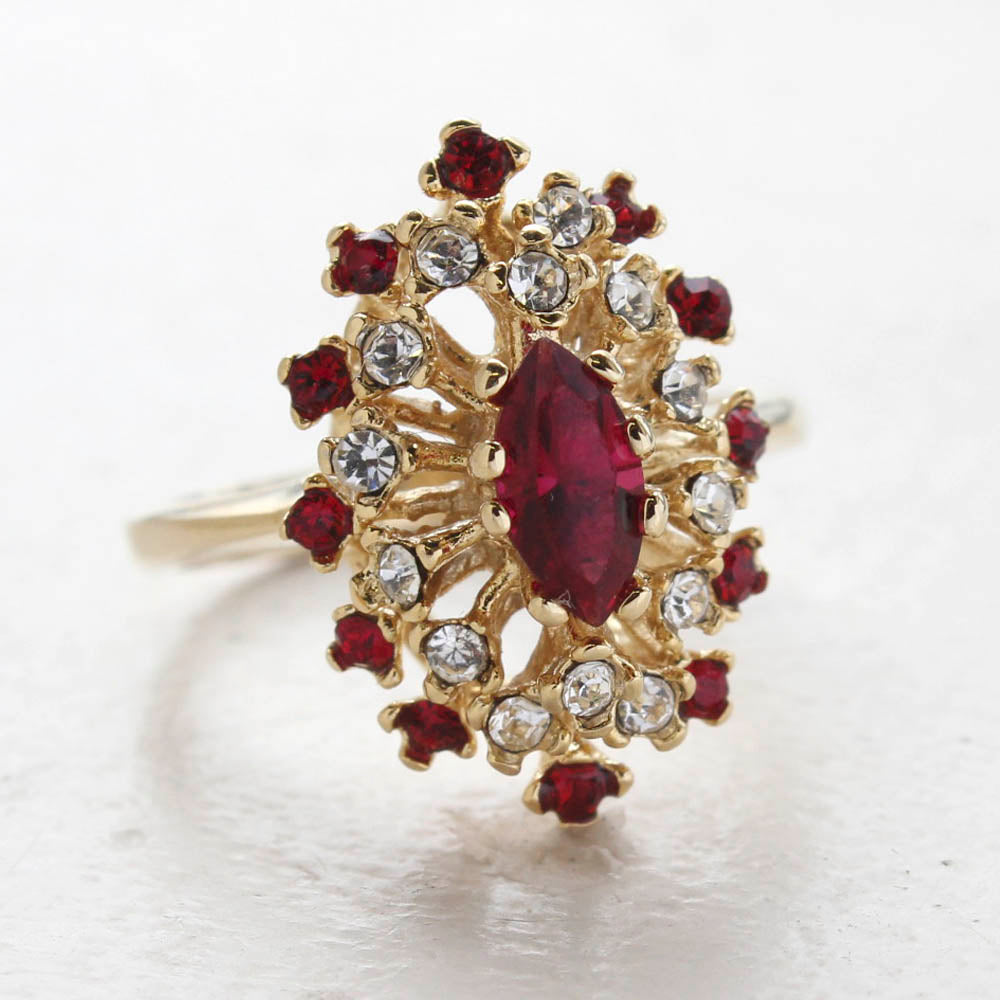 Vintage Genuine Opal and Ruby Austrian Crystal Cocktail Ring - 18kt Yellow Gold Electroplated jewelry image 1