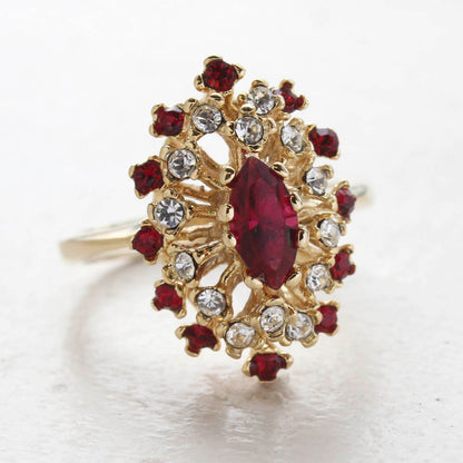 Vintage Genuine Opal and Ruby Austrian Crystal Cocktail Ring - 18kt Yellow Gold Electroplated jewelry image 1