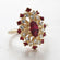 Vintage Ring Genuine Opal with Clear and Ruby Austrian Crystals 18kt Yellow Gold Electroplated