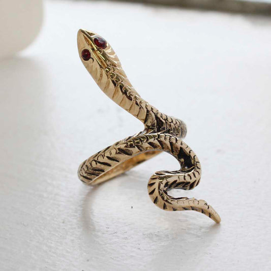 Vintage Snake Ring Ruby Austrian Crystal Eyes Antiqued 18k Yellow Gold Electroplate Made in the USA
