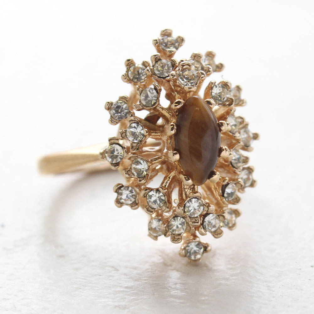 Vintage Genuine Tiger Eye and Clear Austrian Crystal Cocktail Ring 18kt Yellow Gold Electroplated jewelry image 1
