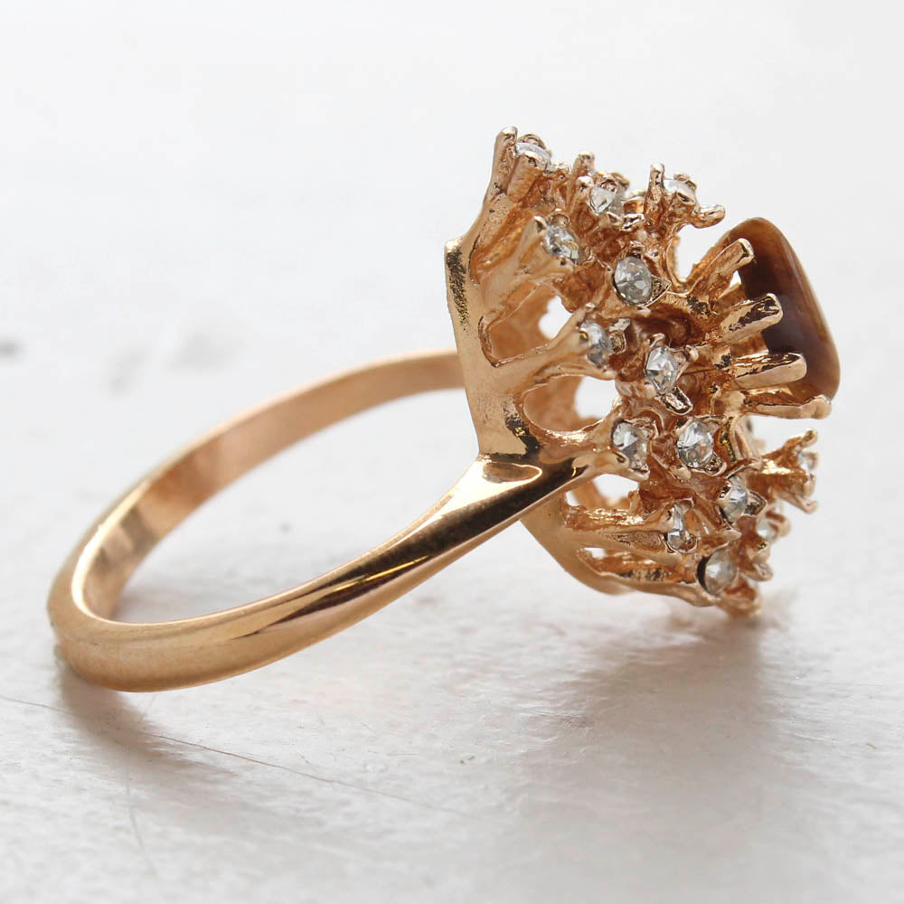 Vintage Ring Genuine Tiger Eye Stone Surrounded by Clear Austrian Crystals Cocktail Ring 18kt Yellow Gold Electroplated Made in USA