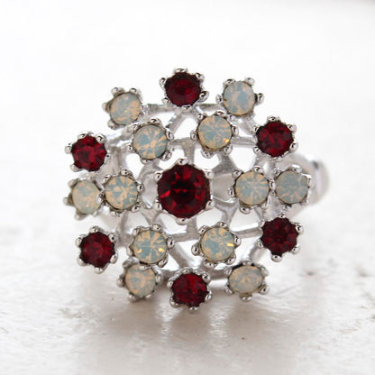 Vintage Ruby Austrian Crystal Ring - Pinfire Opals - 18k White Gold Electroplated - July Birthstone - Made in USA
